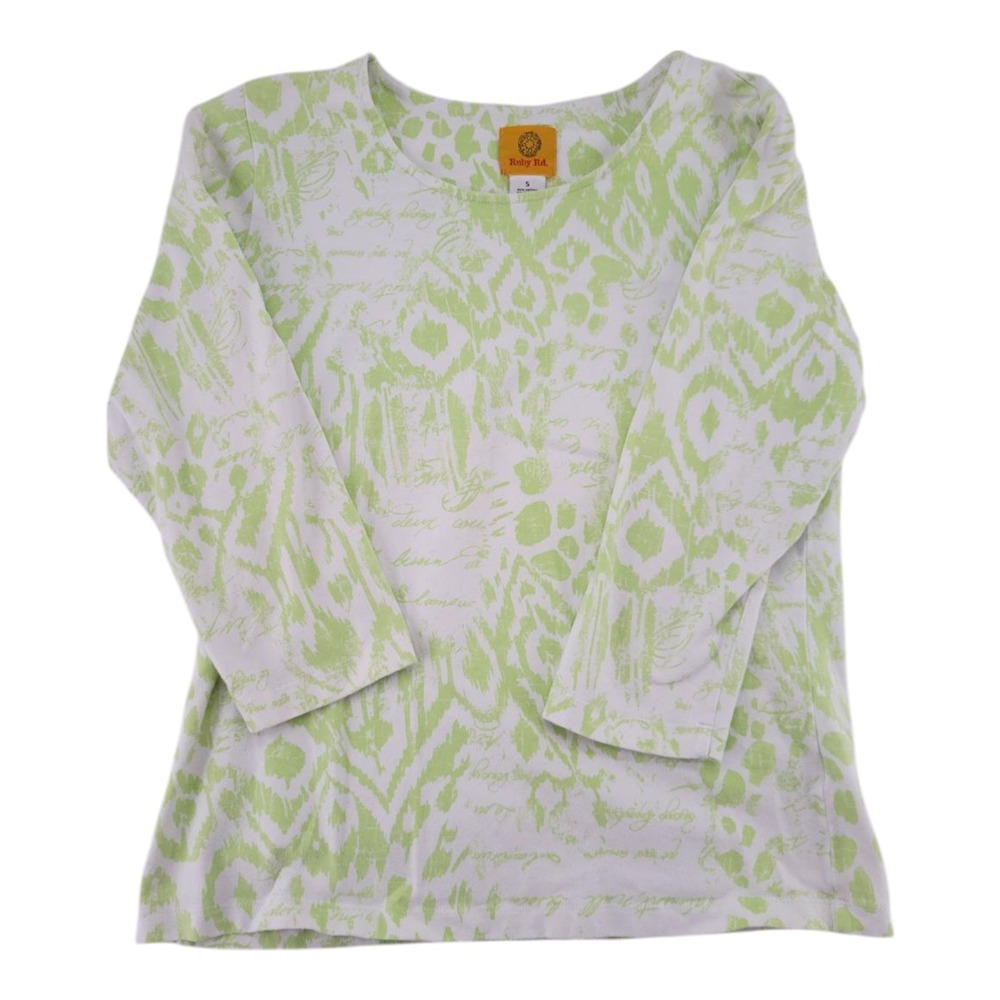 Ruby Rd Lime Green White Abstract Print 3/4 Sleeve Stretch Women's Top Small